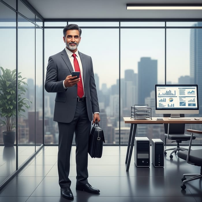 Marketing Businessman with Charcoal Suit, Briefcase, and Smartphone