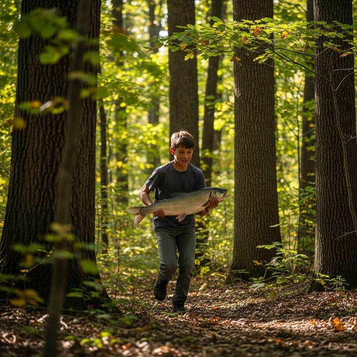 Young Boy Running in Forest with Fish Young Boy Running in Forest with Fish