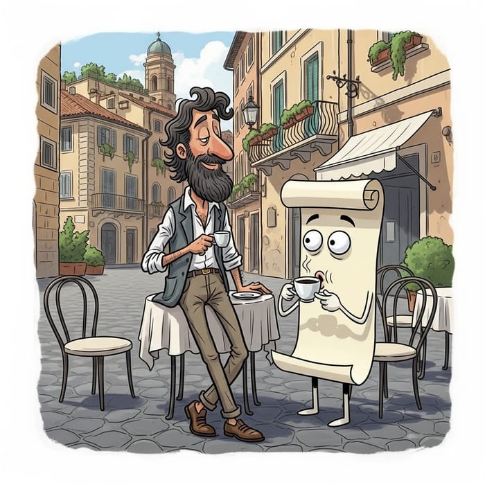 Humorous Cartoon: Italian Man & Paper Certificate Enjoying Coffee in Italy Humorous Cartoon: Italian Man & Paper Certificate Enjoying Coffee in Italy