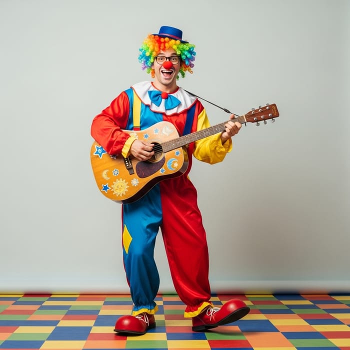 Colorful Clown Guitarist Performing with Joy