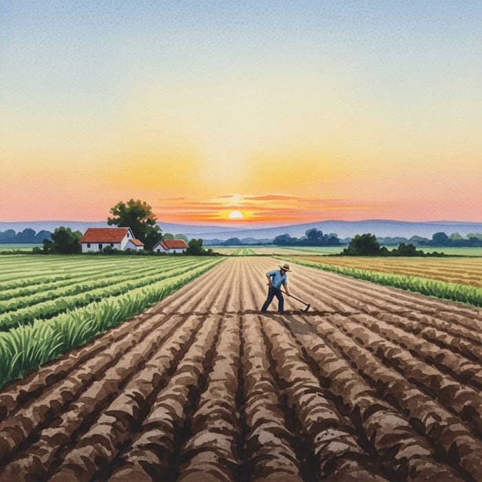 Tranquil Watercolor Painting of Diligent Farmer in Expansive Farmland