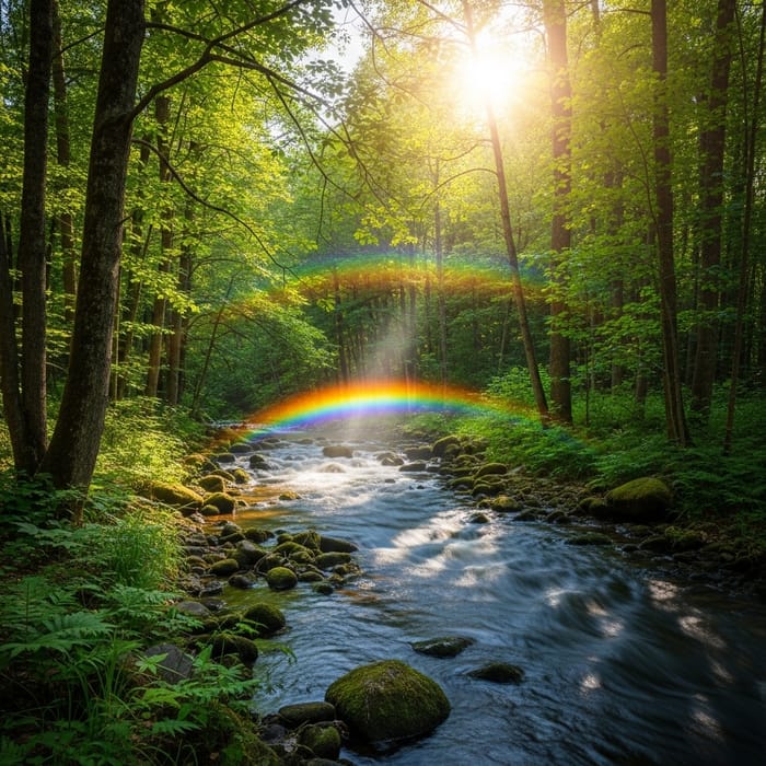 Tranquil Forest by Stream with Water Rainbow | Bright Sunny Day