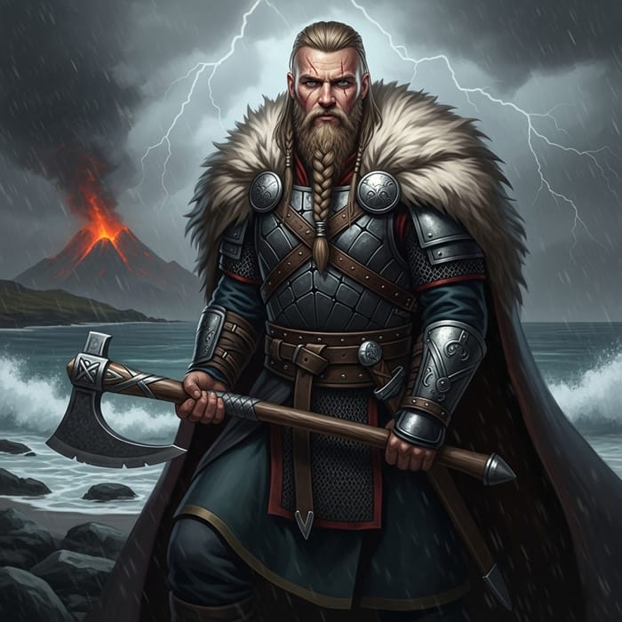 Mighty Norse Warrior with Piercing Blue Eyes and Battered Visage | Mythic Saga on Tempest Coast