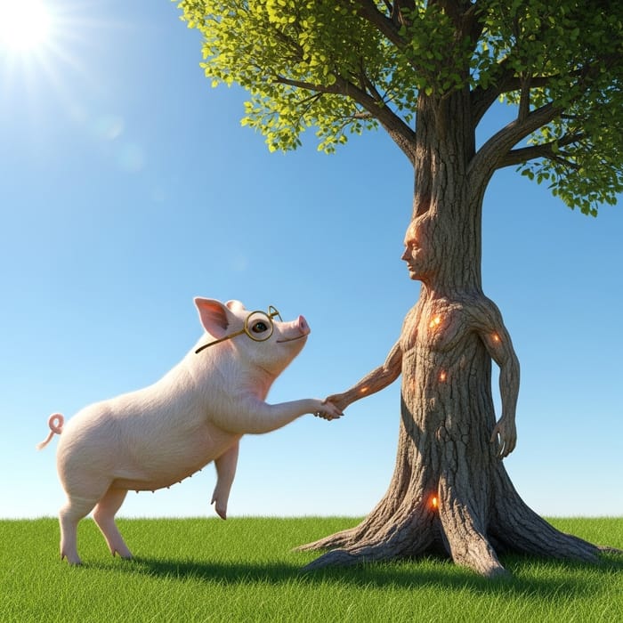 Pig Handshaking Tree Scene | Enchanting Fantasy Vibe