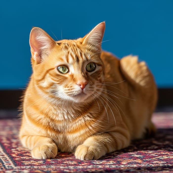 Majestic Orange Cat on Ornate Rug | Green Eyes & Blue Background Majestic Orange Cat on Ornate Rug | Green Eyes & Blue Background