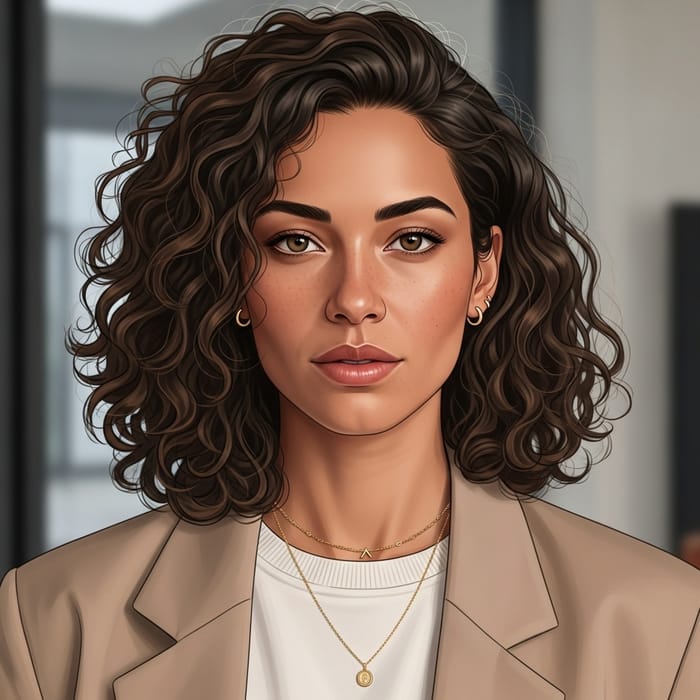 Stylish Mixed Descent Woman with Modern Flair and Curly Brunette Hair