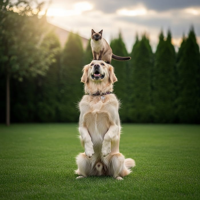 Playful Dog Balancing Cat on Head in Backyard Playful Dog Balancing Cat on Head in Backyard
