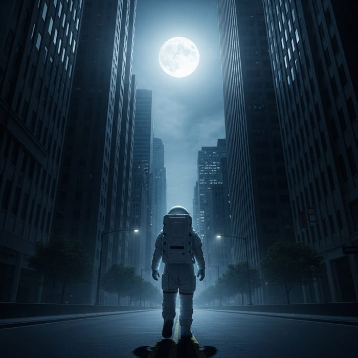 Astronaut Walking Forward in Moonlit Urban Street
