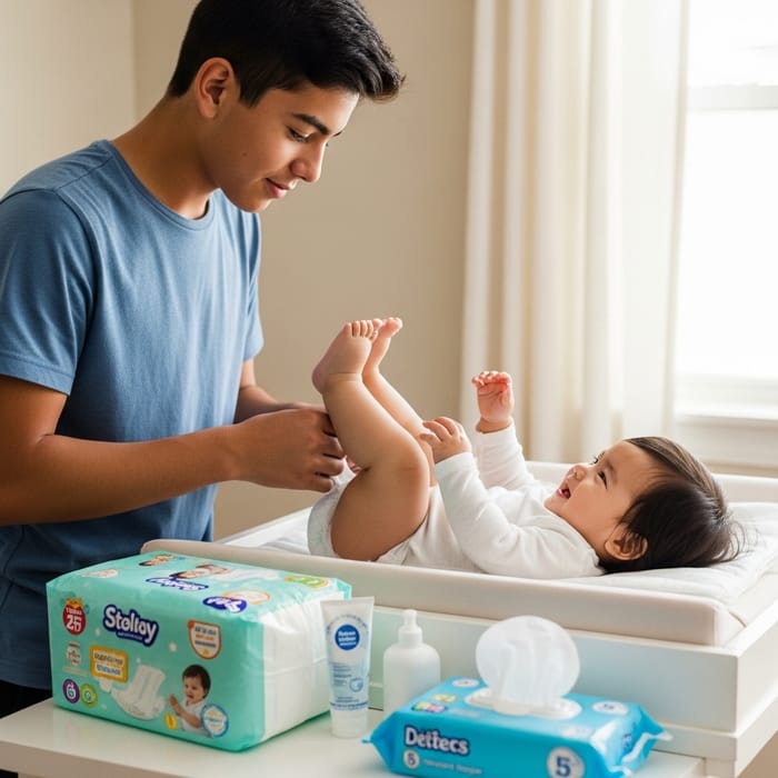 Teen Boy Changing Diaper with Gentle Care | Family Scene Teen Boy Changing Diaper with Gentle Care | Family Scene