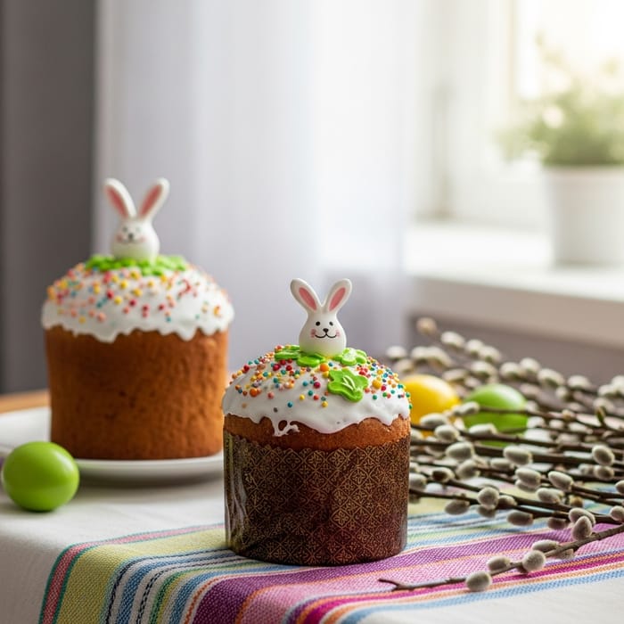 Easter Cake Celebration on Vibrant Tablecloth Easter Cake Celebration on Vibrant Tablecloth
