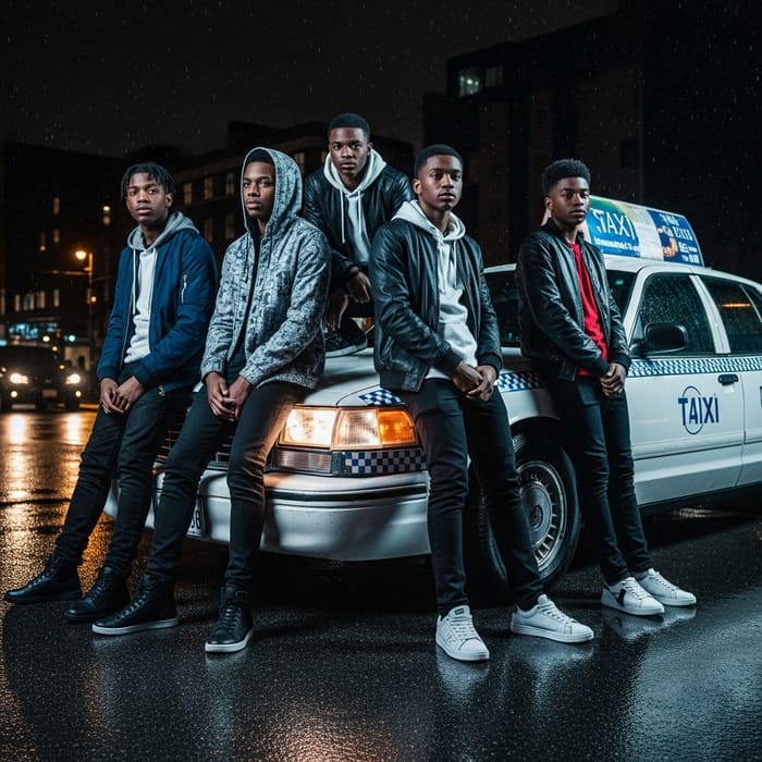 Moody Urban Teens in Trendy Streetwear by Vintage Taxi at Night