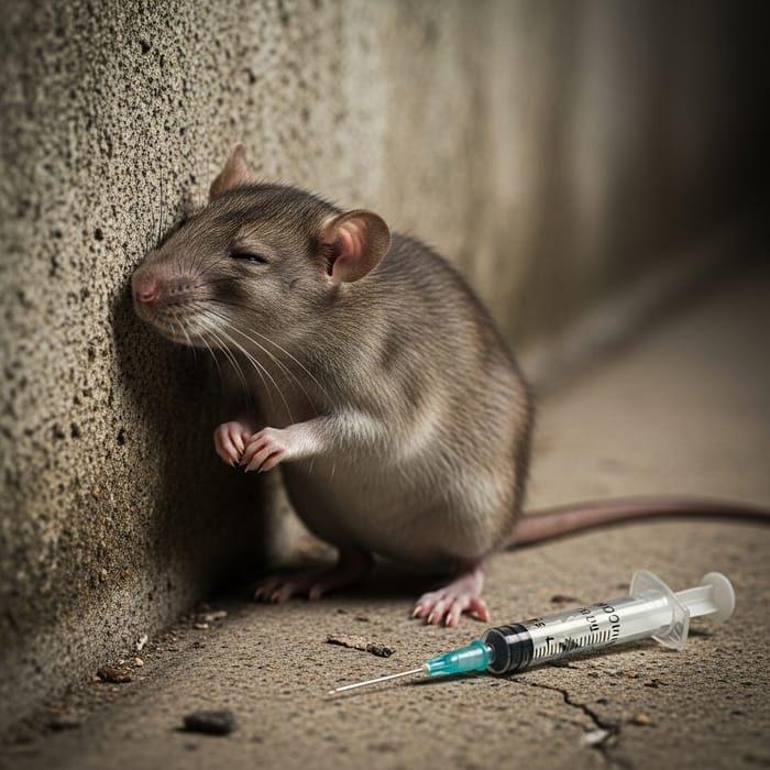 Rat Leaning Against Wall with Syringe - Full-Length View Rat Leaning Against Wall with Syringe - Full-Length View