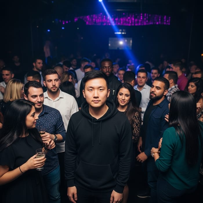 Energetic Club Scene with Black Hoodie Man in Crowd Energetic Club Scene with Black Hoodie Man in Crowd