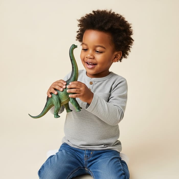 Joyful African American Boy with Green Brachiosaurus Toy Joyful African American Boy with Green Brachiosaurus Toy