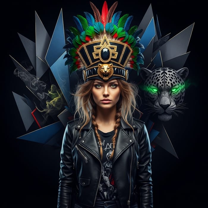 Realistic Art: Modern Aztec Girl with Jaguar and Tezcatlipoca Realistic Art: Modern Aztec Girl with Jaguar and Tezcatlipoca