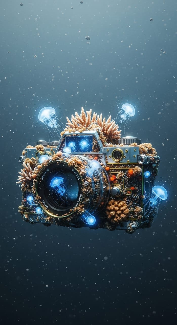 Underwater Coral Camera with Golden Accents in Marine Depths Underwater Coral Camera with Golden Accents in Marine Depths