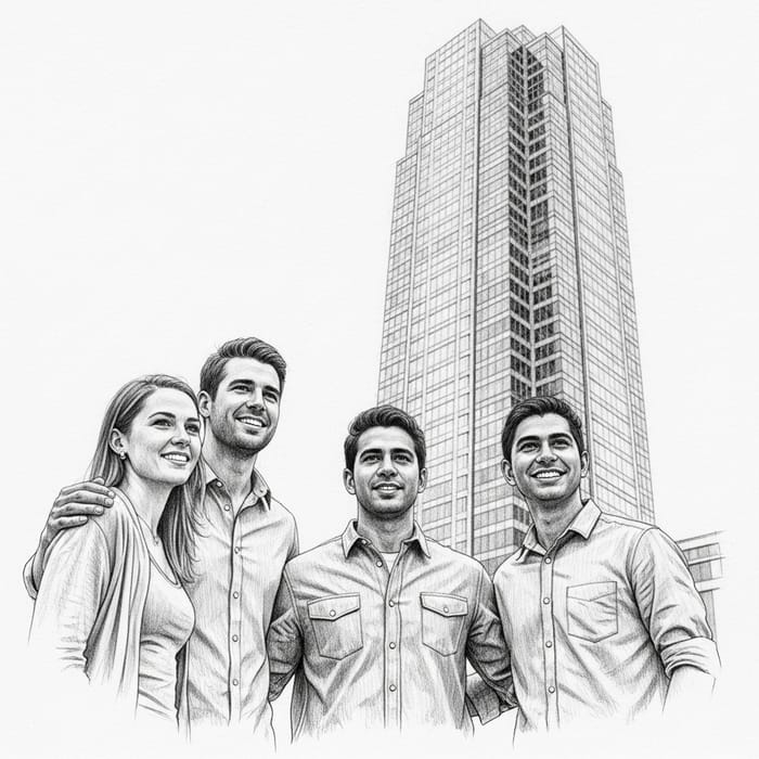 Majestic Architectural Masterpiece: Friends Admiring Beauty in Pencil Sketch
