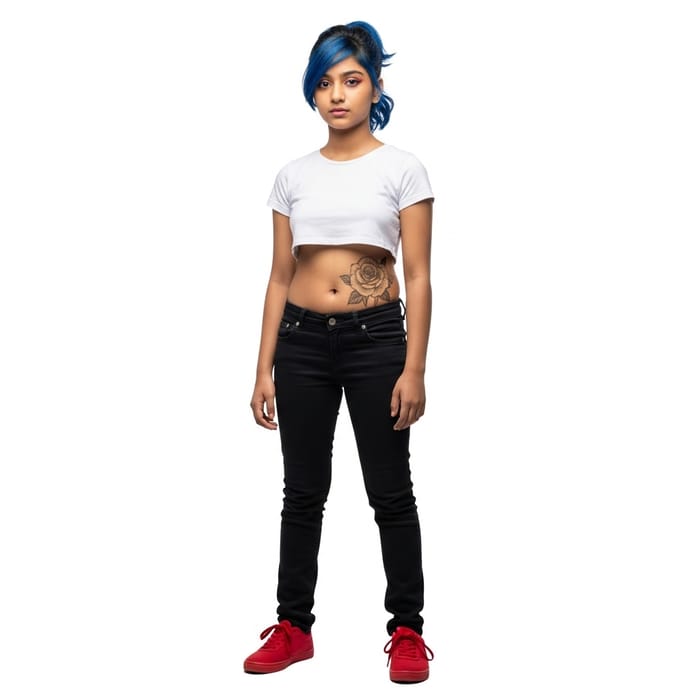 Full-Height South-Asian Girl with Blue Hair & Rose Tattoo