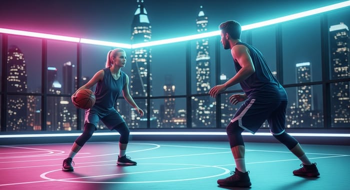 Futuristic Basketball Game Illustration with Happy Players - Modern Court Scene Futuristic Basketball Game Illustration with Happy Players - Modern Court Scene