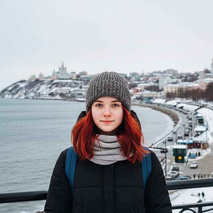 16-Year-Old Red-Haired Girl in Winter By Arkhangelsk City Coast