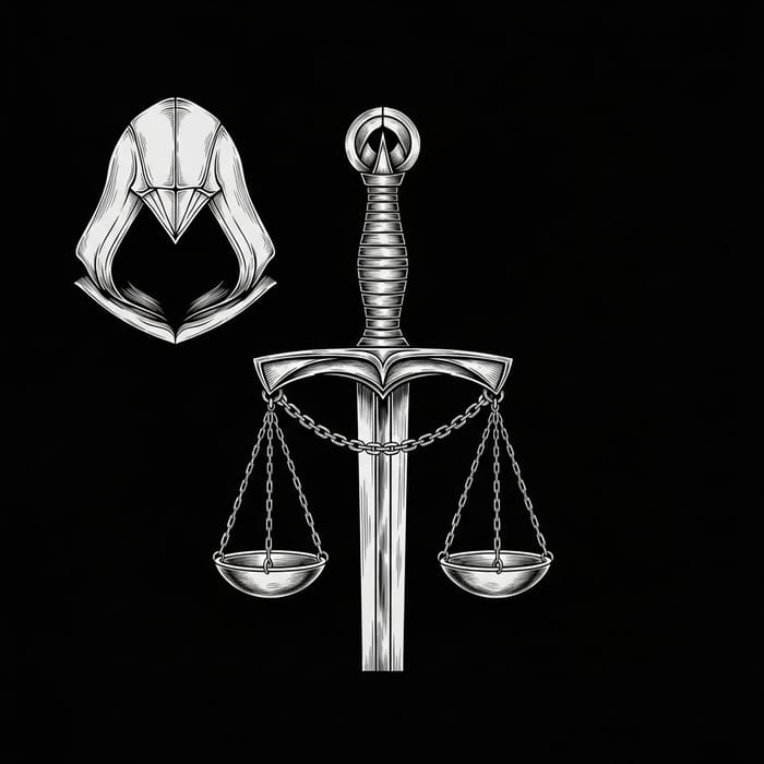 Medieval Sword with Hanging Scales and Assassin's Hood on Guard Medieval Sword with Hanging Scales and Assassin's Hood on Guard