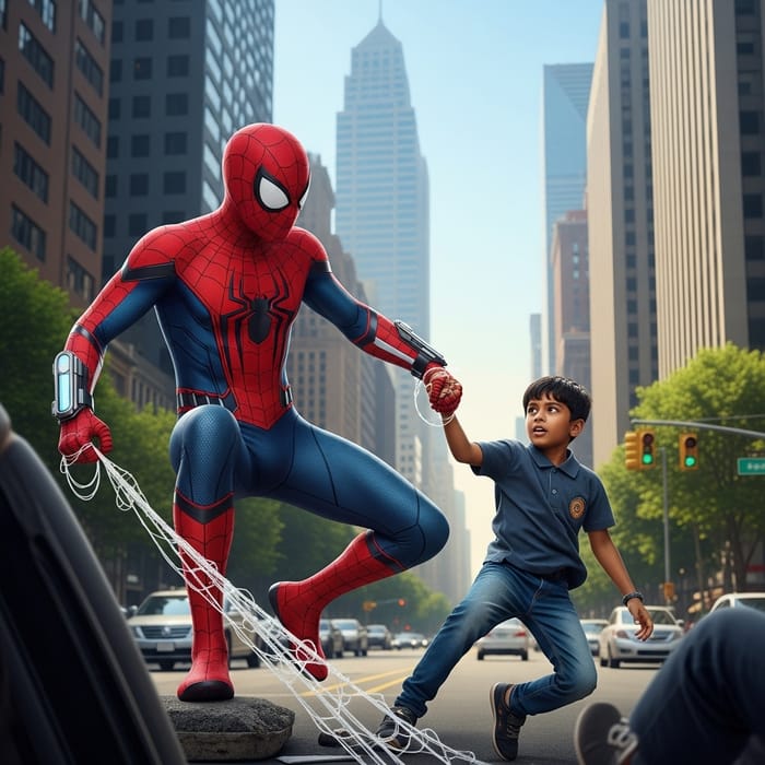 Spider-Man Rescues Boy in Cityscape Spider-Man Rescues Boy in Cityscape
