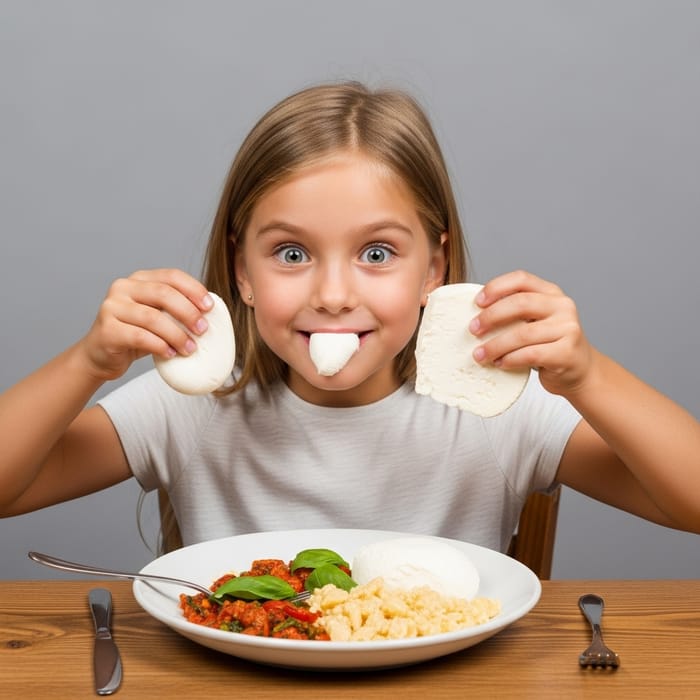 Young Caucasian Girl Enjoying Mozzarella and Mascarpone