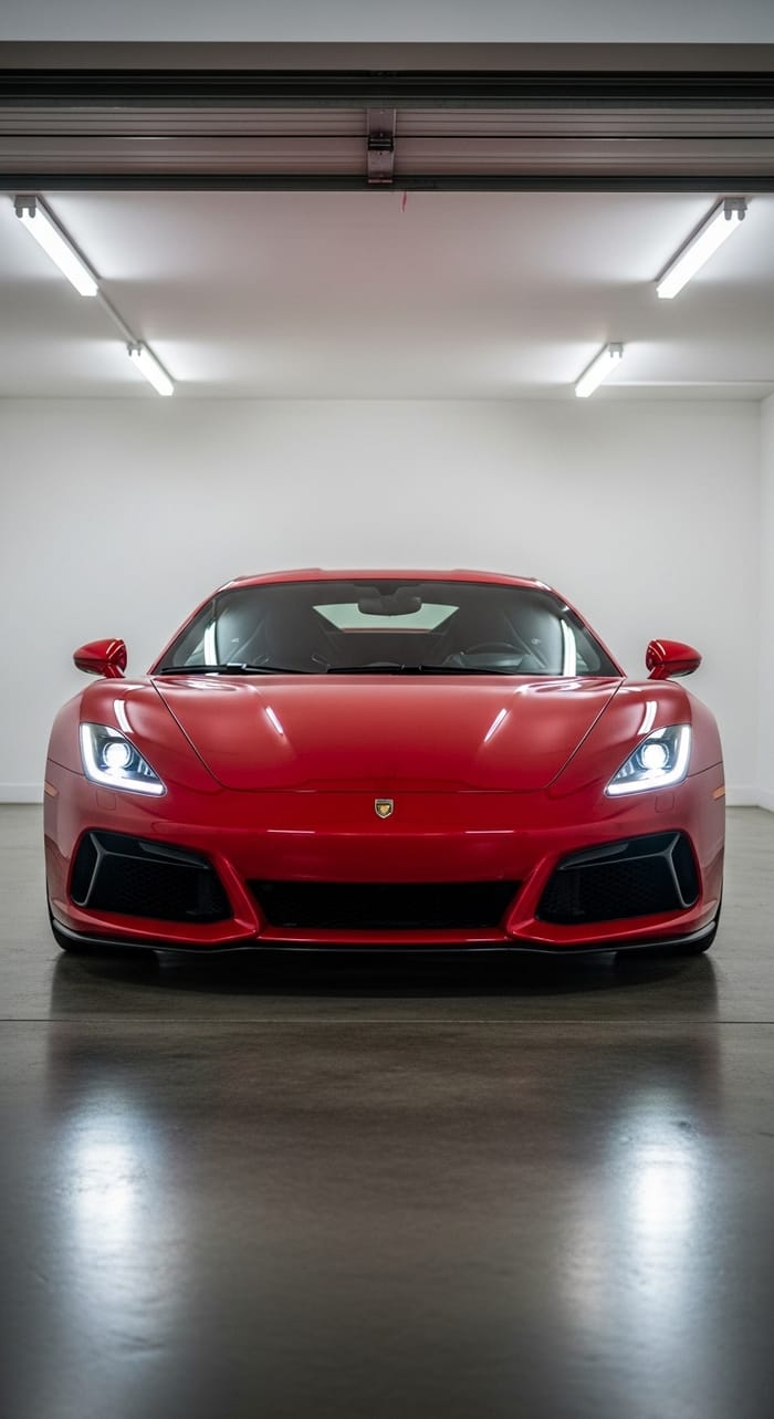 Detailed Front View of Sleek Red Ferrari in Garage Detailed Front View of Sleek Red Ferrari in Garage