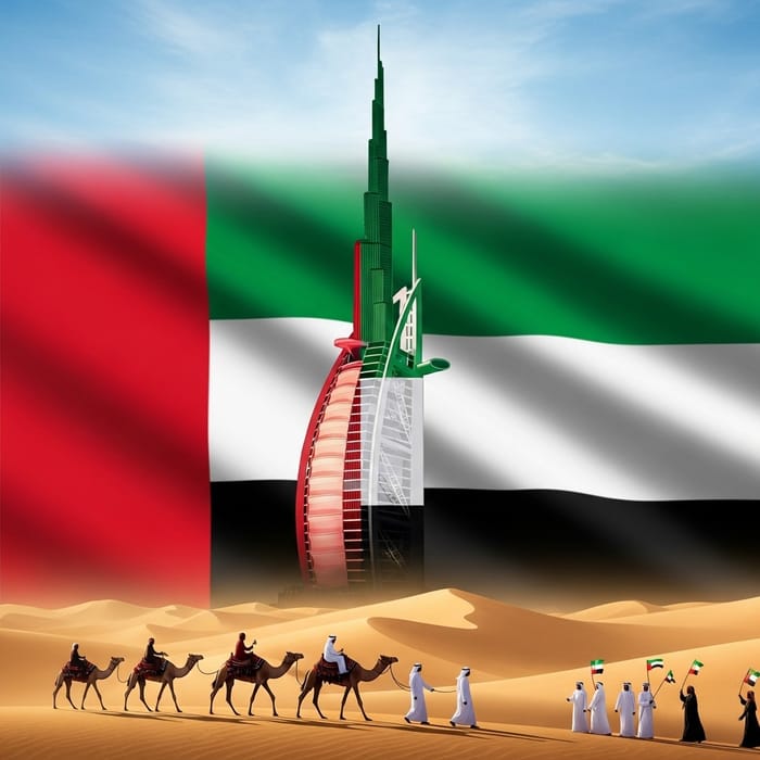 Colorful UAE Flag Poster with Burj Khalifa, Camels, and Celebrating People