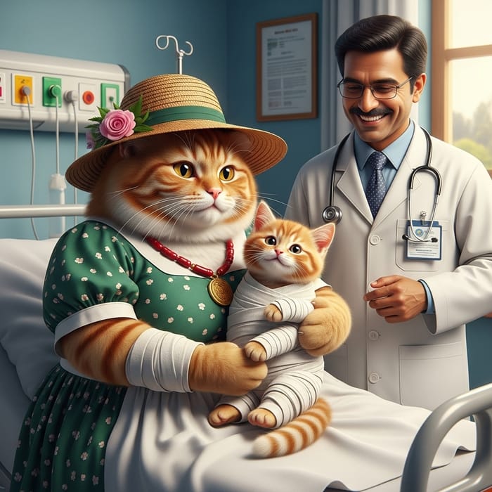 Heartwarming Ginger Cat & Kitten Hospital Scene