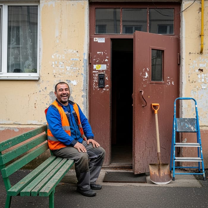 Khrushchyovka Entrance: Laborer Laughing by Open Door Khrushchyovka Entrance: Laborer Laughing by Open Door