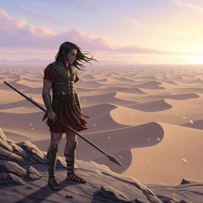 Animated Sorrowful Young Hellenic Warrior at Desert Dawn Animated Sorrowful Young Hellenic Warrior at Desert Dawn
