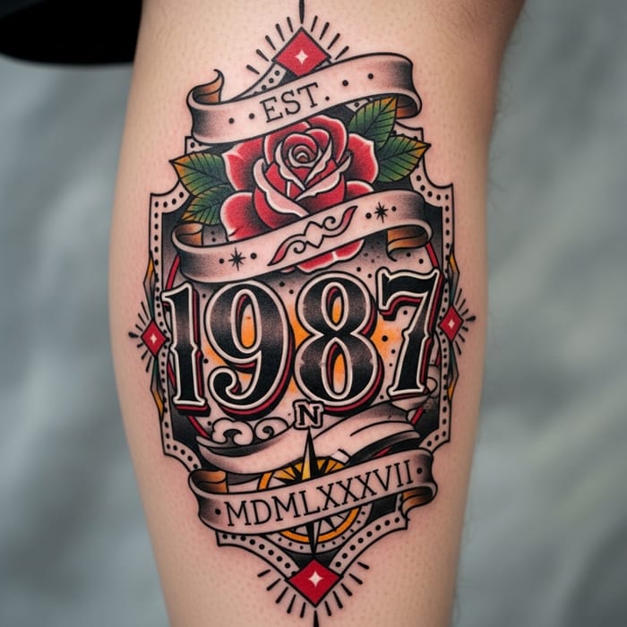 Neotraditional Leg Tattoo of Numbers Neotraditional Leg Tattoo of Numbers