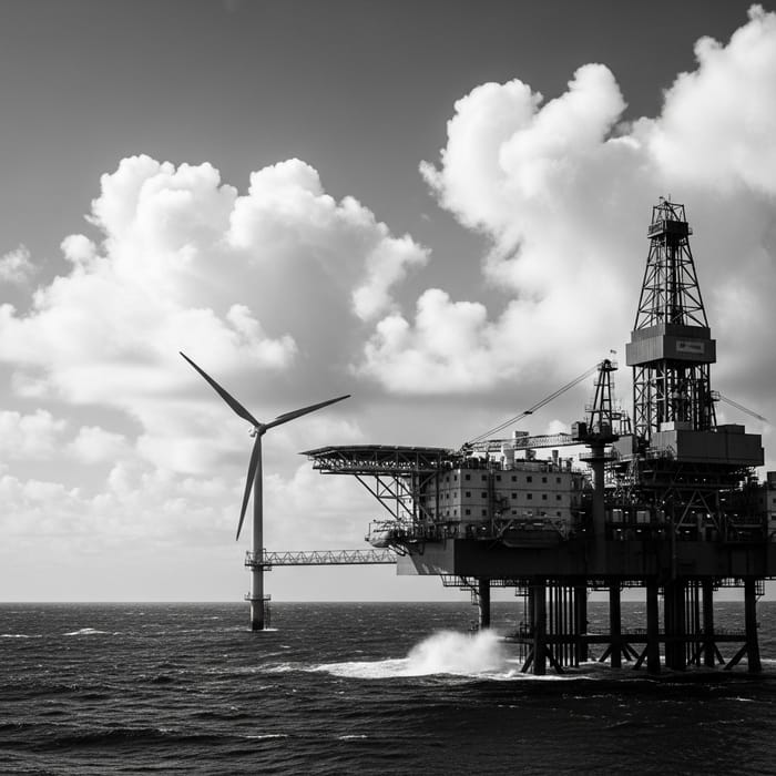 Oil Drilling Platform at Sea with Wind Turbine | High Contrast Scene Oil Drilling Platform at Sea with Wind Turbine | High Contrast Scene