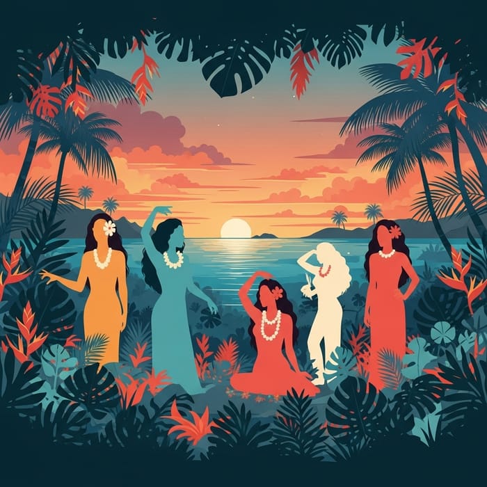 Graceful Polynesian Women in Vibrant Minimalism Graceful Polynesian Women in Vibrant Minimalism