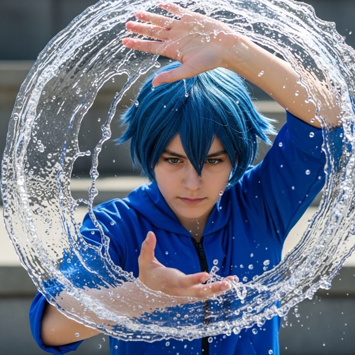 Blue Hair Boy Controlling Water Effortlessly - Realistic Design