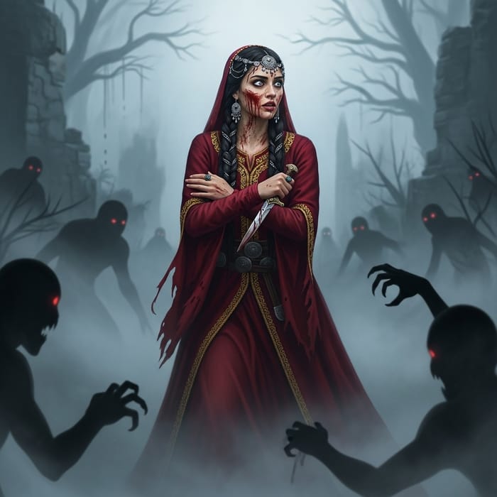 Realistic Medieval Woman Surrounded by Terrifying Shadows and Fog