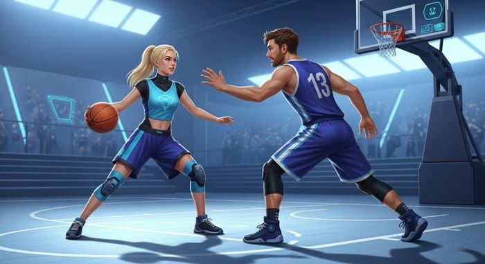 Futuristic Basketball Match: Energetic 20-Year-Old Woman vs 25-Year-Old Man