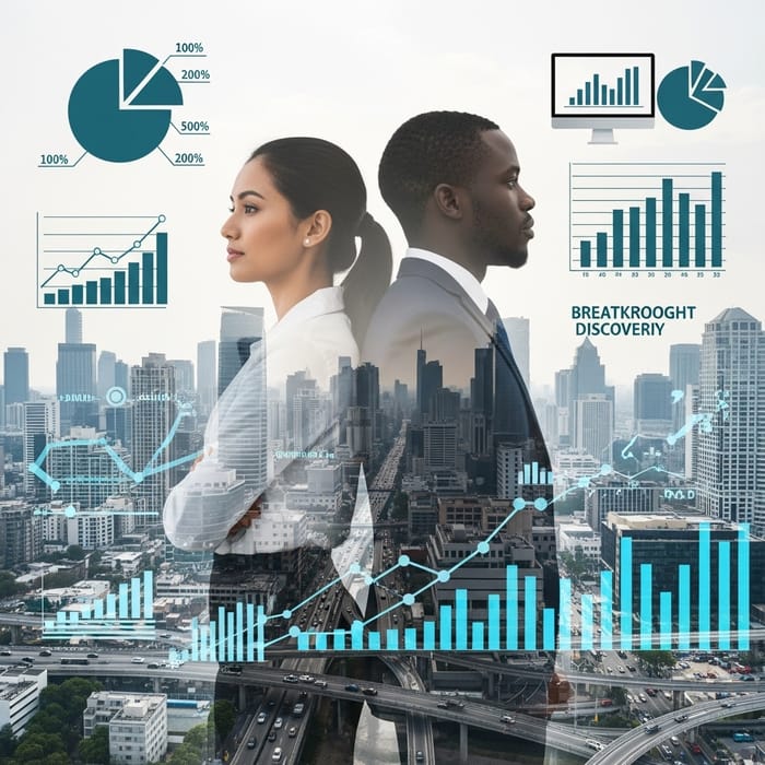 Innovative Business Duo: Double Exposure with Cityscape Innovative Business Duo: Double Exposure with Cityscape