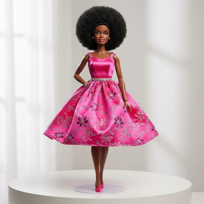 Stylish Curvy Black Barbie Doll with African Hairstyle & Pink Party Dress Stylish Curvy Black Barbie Doll with African Hairstyle & Pink Party Dress