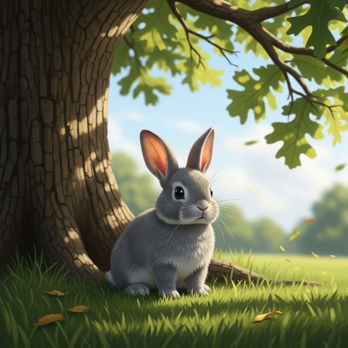 Adorable Gray Bunny Relaxing Under Oak Tree Adorable Gray Bunny Relaxing Under Oak Tree