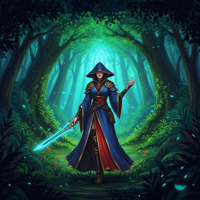 Enigmatic Figure in Verdant Forest - Captivating and Enchanting Composition
