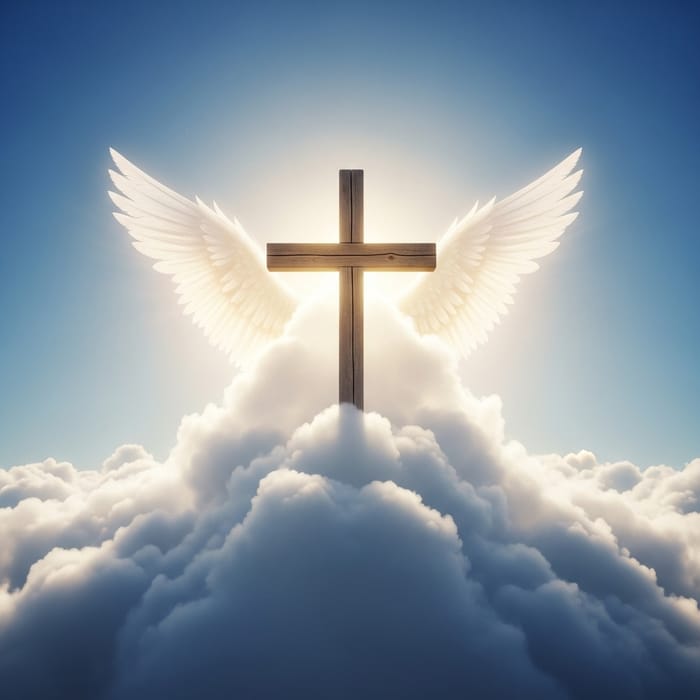 Classic Wood Cross in Heavenly Cloud with Cherubim Wings Classic Wood Cross in Heavenly Cloud with Cherubim Wings