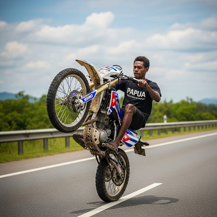 Melanesian Man Performing Balance Wheeling with Cuban Flag CRF Motorbike Melanesian Man Performing Balance Wheeling with Cuban Flag CRF Motorbike