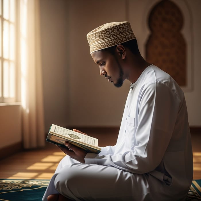 Somali Man Engrossed in Reading the Holy Qur'an | Tranquil Setting Somali Man Engrossed in Reading the Holy Qur'an | Tranquil Setting