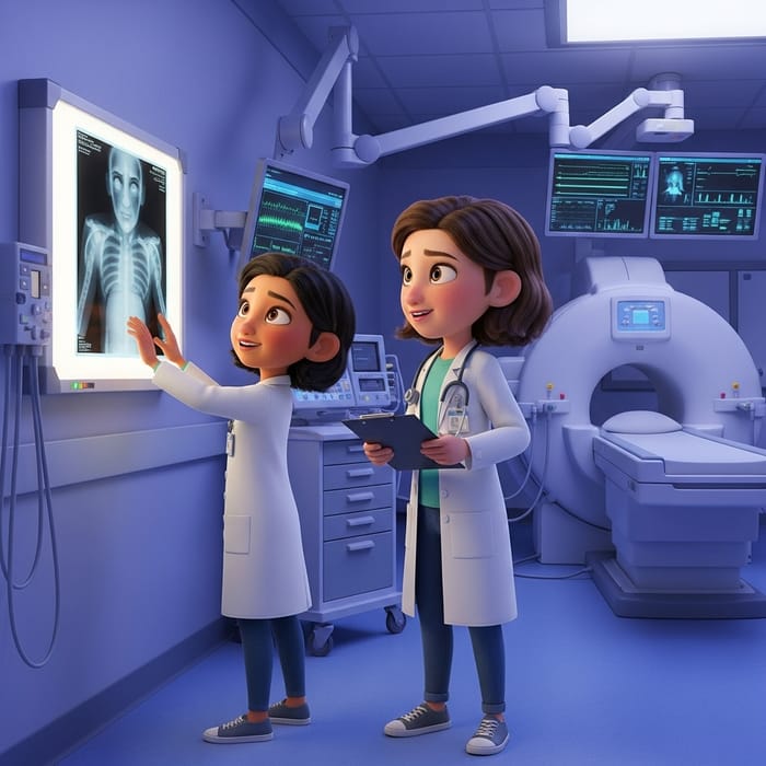 Diverse Young Girls in Doctor Lab Coats at Radiology Clinic - Heartwarming Scene Diverse Young Girls in Doctor Lab Coats at Radiology Clinic - Heartwarming Scene