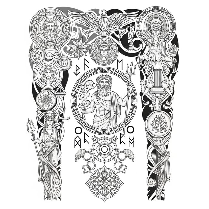 Mythological Tattoo Design with Olympian Gods and Runes