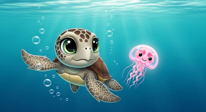 Enchanting Underwater Scene: Juvenile Sea Turtle & Pink Jellyfish Enchanting Underwater Scene: Juvenile Sea Turtle & Pink Jellyfish