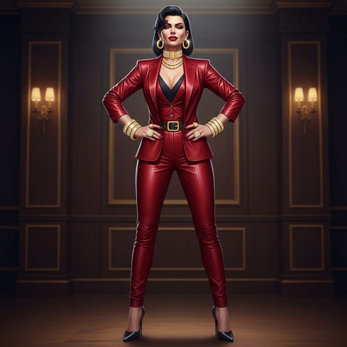 Malevolent Opulence: Wealthy White Woman in Red Leather Outfit Malevolent Opulence: Wealthy White Woman in Red Leather Outfit