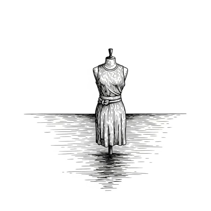 Minimalistic Pen Drawing of Mannequin by Water - Artwork in Retro-Engraving Style Minimalistic Pen Drawing of Mannequin by Water - Artwork in Retro-Engraving Style